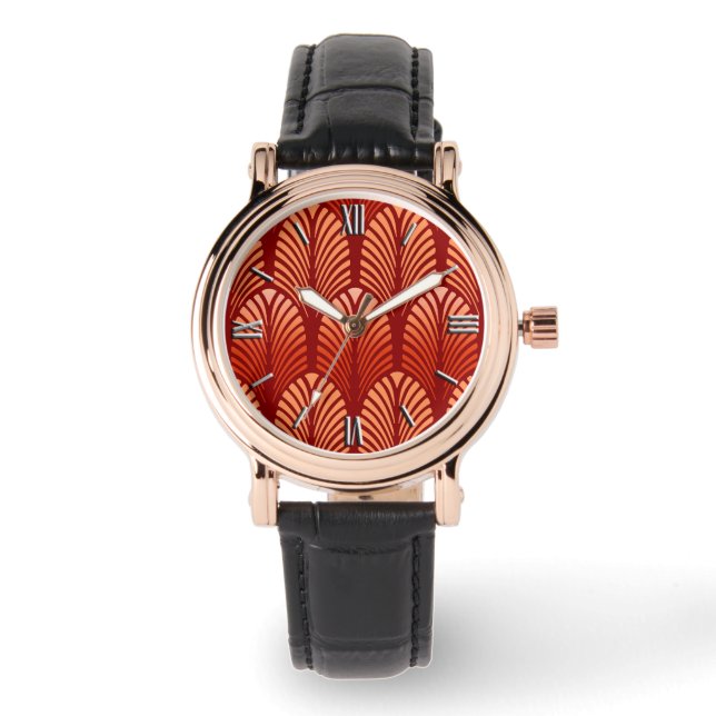 Reloj De Pulsera Patrón de plumas Art Deco, Naranja mandarín (Anverso)