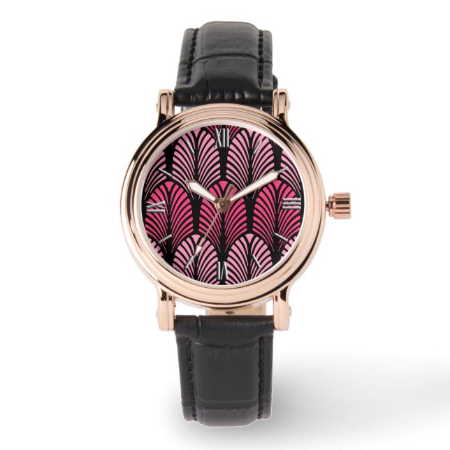 Reloj De Pulsera Patrón de plumas Art Deco, rosa y negro de Fuchsia (Anverso)