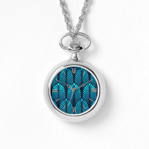 Reloj De Pulsera Patrón de plumas Art Déco, turquesa y marina