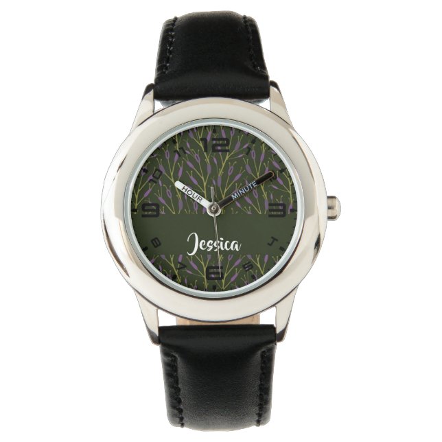 Reloj De Pulsera Patrón de ramas florales púrpura y verde (Anverso)