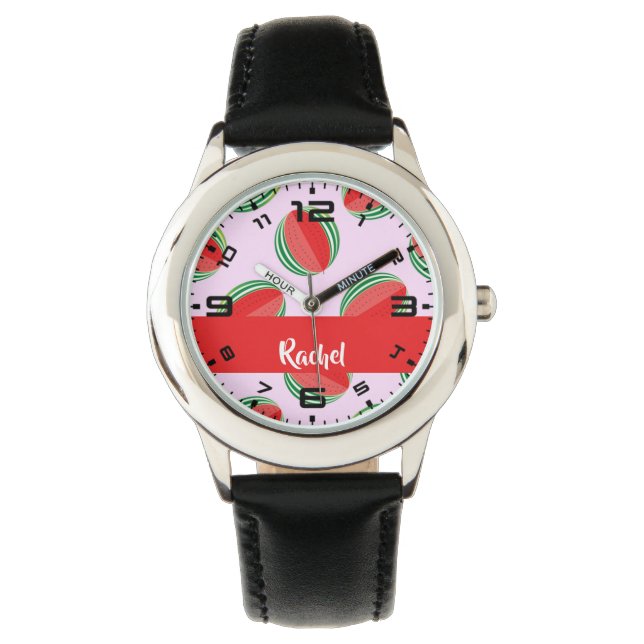 Reloj De Pulsera Patrón de sandía en rodajas sobre rosa (Anverso)