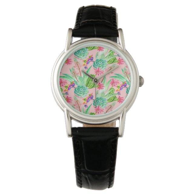 Reloj De Pulsera Patrón de suculentos de acuarela floreciente (Anverso)