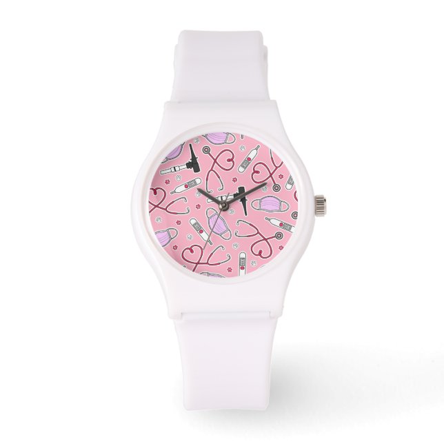Reloj De Pulsera Patrón de Técnico Veterinario Pink (Anverso)