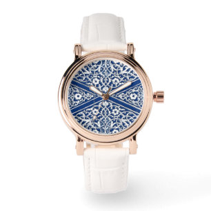 Reloj De Pulsera Patrón de tejas persas - azul cobalto y blanco