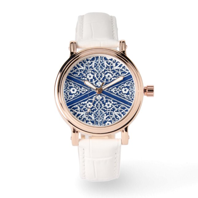 Reloj De Pulsera Patrón de tejas persas - azul cobalto y blanco (Anverso)