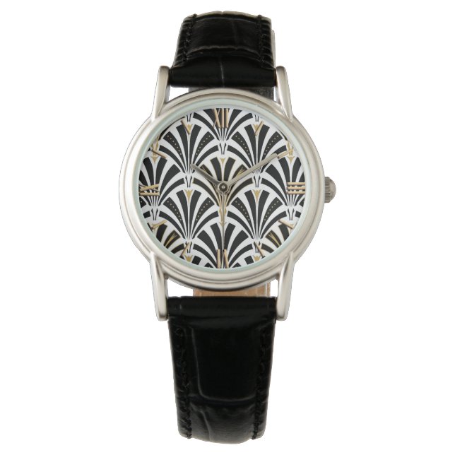 Reloj De Pulsera Patrón de ventilador Art Deco - blanco y negro (Anverso)