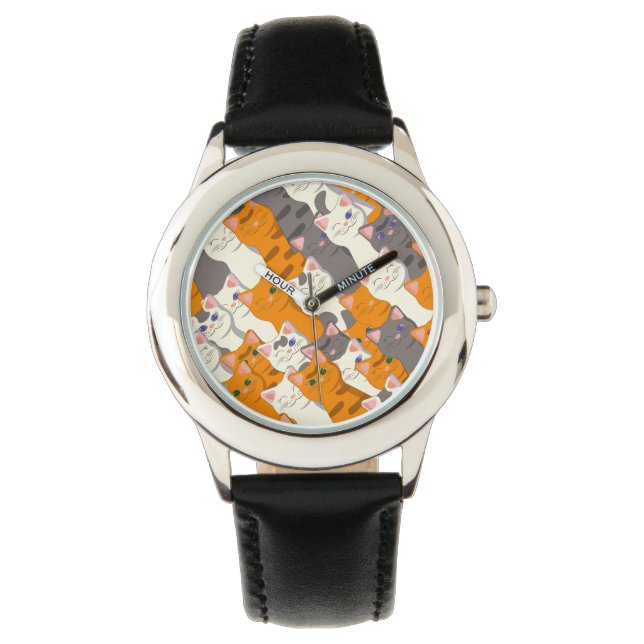 Reloj De Pulsera Patrón diagonal del gato negro jengibre (Anverso)