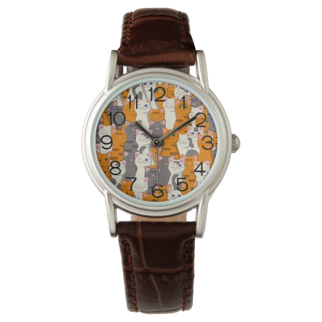 Reloj De Pulsera Patrón diagonal del gato negro jengibre (Anverso)