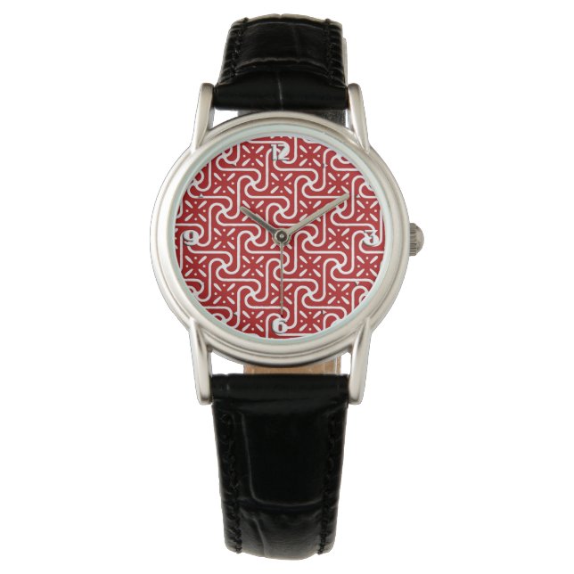Reloj De Pulsera Patrón egipcio de tejas, rojo oscuro y blanco (Anverso)