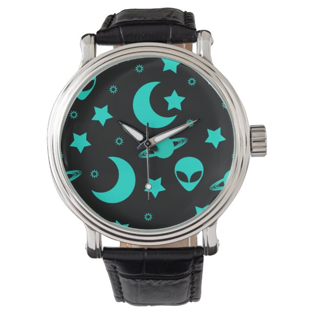 Reloj De Pulsera Patrón extraño turquesa con estrellas y lunas (Anverso)