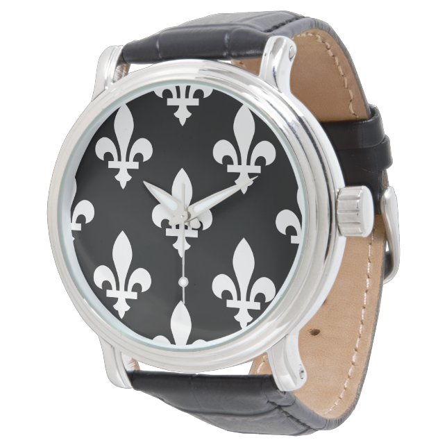 Reloj De Pulsera Patrón Flor de Lis, Real Francés, Blanco sobre Neg (Angular)