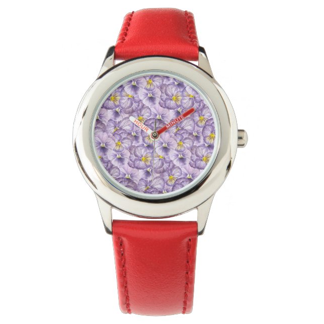 Reloj De Pulsera Patrón floral acuarela con paneles violetas (Anverso)