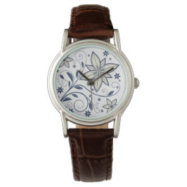 Reloj De Pulsera Patrón floral azul de la Marina Elegante |