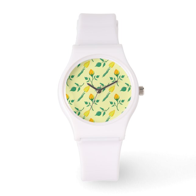 Reloj De Pulsera Patrón floral con flores amarillas de rosa y tulip (Anverso)