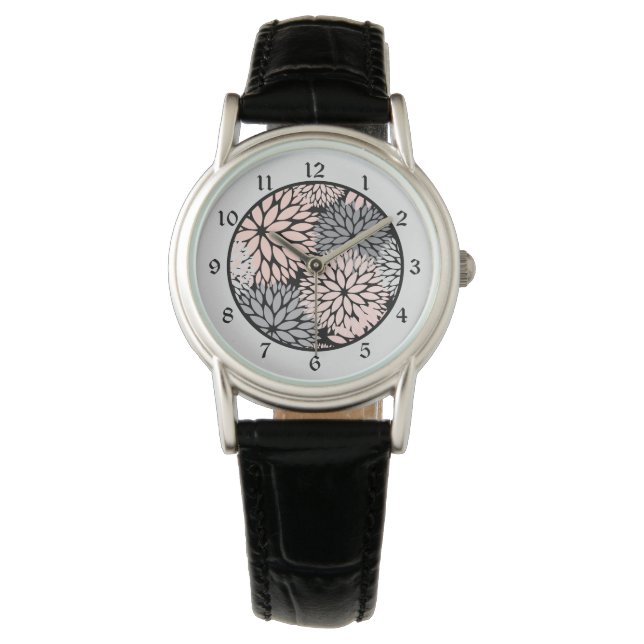 Reloj De Pulsera Patrón floral de Dahlia gris rosa (Anverso)