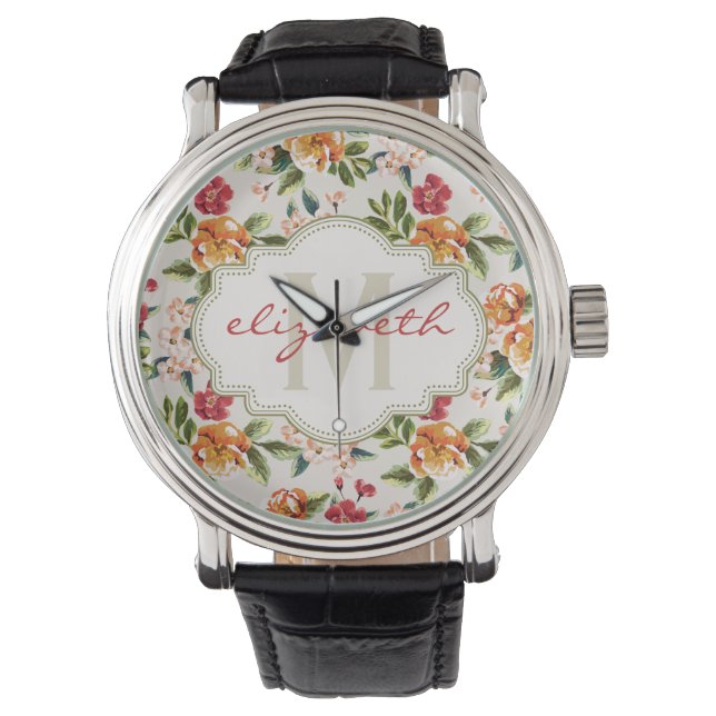 Reloj De Pulsera Patrón floral de Moda Giratoria con nombre de mono (Anverso)