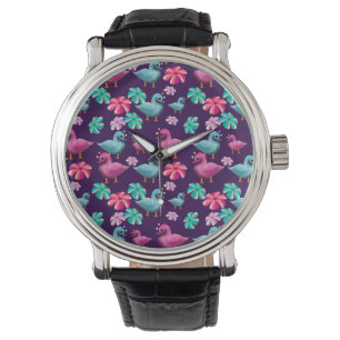 Reloj De Pulsera Patrón Floral de Pato Adorable Kawaii Rosa y Azul 