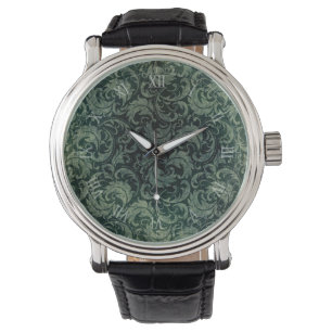 Reloj De Pulsera Patrón floral elegante adamascado verde