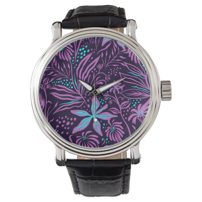 Reloj De Pulsera Patrón floral morado oscuro moderno (Anverso)