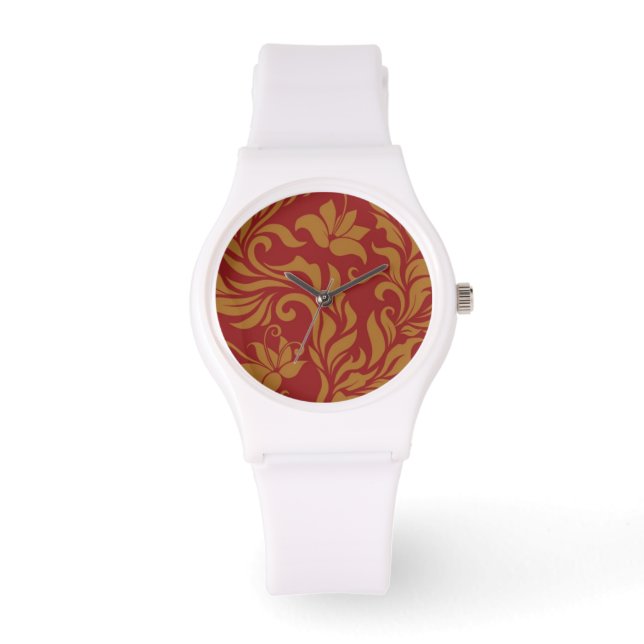 Reloj De Pulsera Patrón floral rojo y dorado (Anverso)