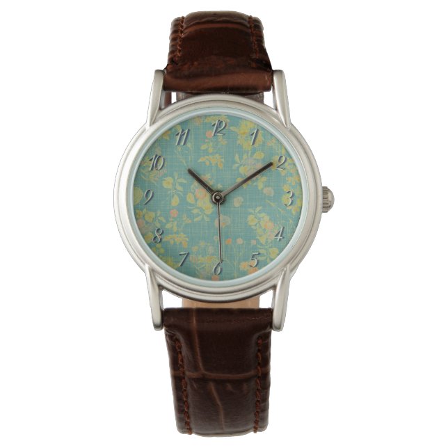 Reloj De Pulsera Patrón floral Verde azulado alterado de la vendimi (Anverso)
