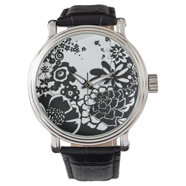 Reloj De Pulsera Patrón gráfico de jardín floral blanco y negro (Anverso)