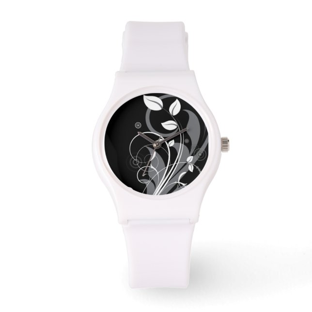 Reloj De Pulsera Patrón gris floral sobre negro (Anverso)