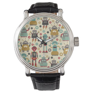 Reloj De Pulsera Patrón ilustrado de robots retro divertidos (crema