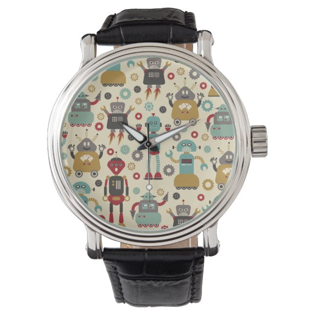 Reloj De Pulsera Patrón ilustrado de robots retro divertidos (crema (Anverso)