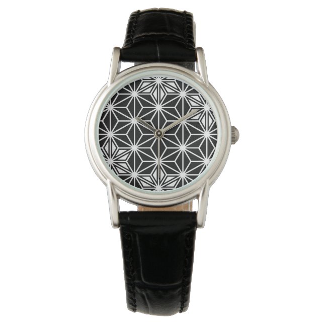 Reloj De Pulsera Patrón japonés de Asanoha - blanco y negro (Anverso)