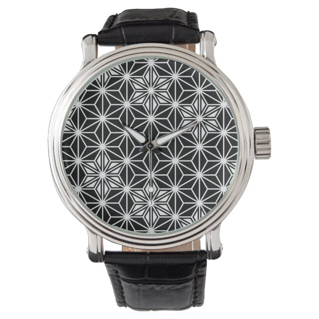 Reloj De Pulsera Patrón japonés de Asanoha - blanco y negro (Anverso)