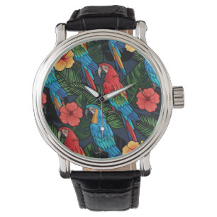 Reloj De Pulsera Patrón Macaw E Hibiscus
