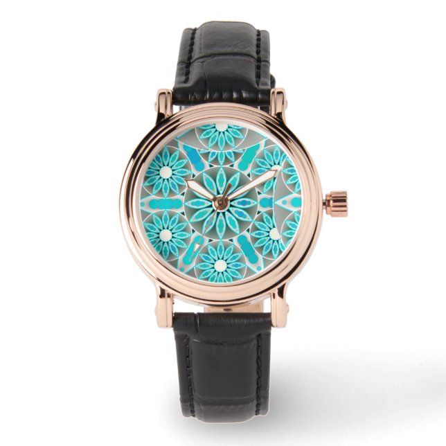 Reloj De Pulsera Patrón Mandala, turquesa, gris plateado y blanco (Anverso)