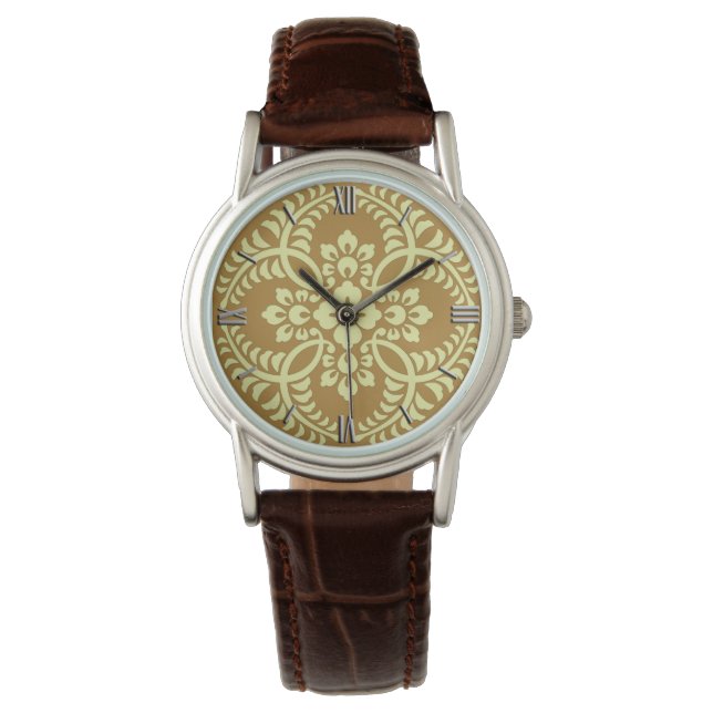 Reloj De Pulsera Patrón medallón japonés, amarillo mostaza (Anverso)