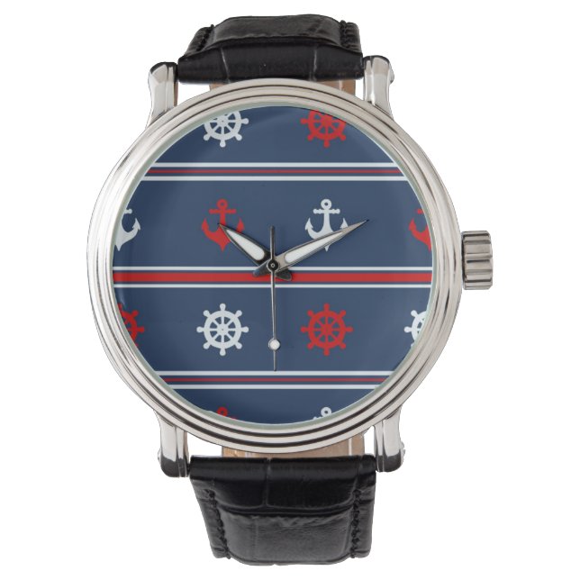 Reloj De Pulsera Patrón Náutico Blanco Y Azul Rojo (Anverso)