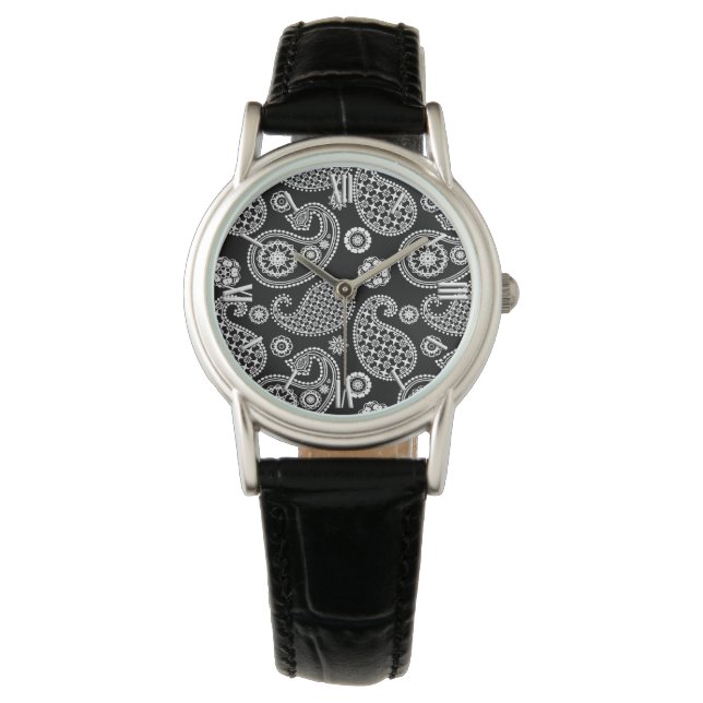 Reloj De Pulsera Patrón paisley, negro y blanco (Anverso)