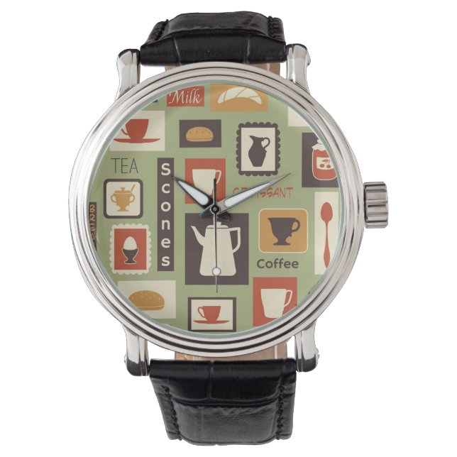 Reloj De Pulsera Patrón retro con platos de cocina para el desayuno (Anverso)