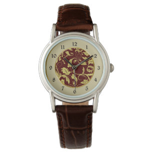 Reloj De Pulsera Patrón rojo de brocado dorado