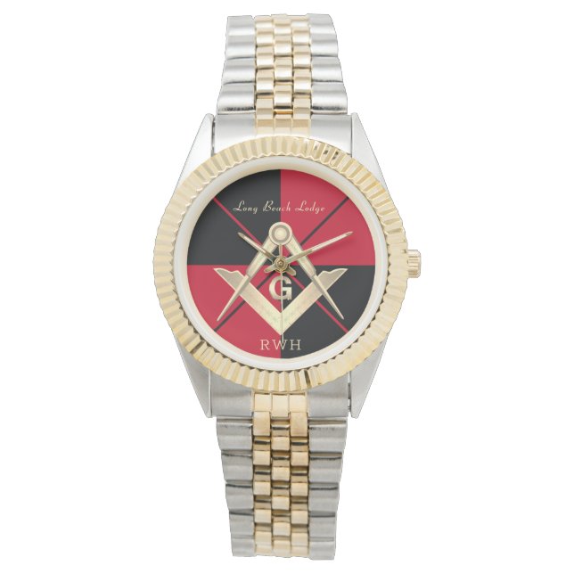 Reloj De Pulsera Patrón rojo Monograma Masonic Lodge Watch (Anverso)