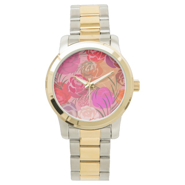 Reloj De Pulsera Patrón rosa con flores y plantas (Anverso)