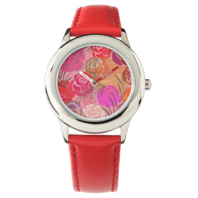 Reloj De Pulsera Patrón rosa con flores y plantas (Anverso)