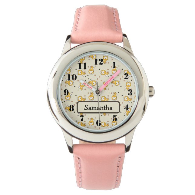 Reloj De Pulsera Patrón rosa de corgi corto (Anverso)
