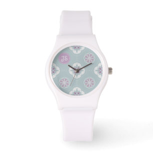 Reloj De Pulsera Patrón simétrico de flores rosadas con mosaico en