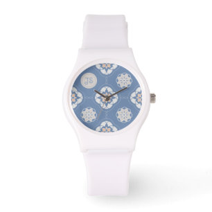 Reloj De Pulsera Patrón simétrico de Naranja de flor en azul