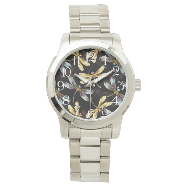 Reloj De Pulsera Patrón sin foco con Dragonflies dorados (Anverso)