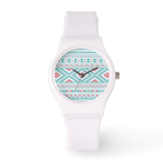 Reloj De Pulsera Patrón tribal azteca verde azulado y rosa (Anverso)