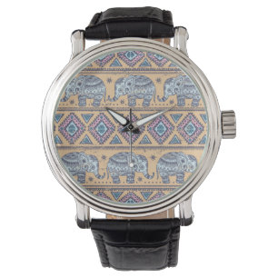 Reloj De Pulsera Patrón tribal de elefantes étnicos azules