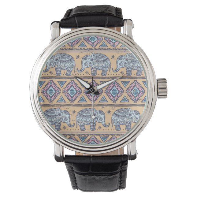 Reloj De Pulsera Patrón tribal de elefantes étnicos azules (Anverso)