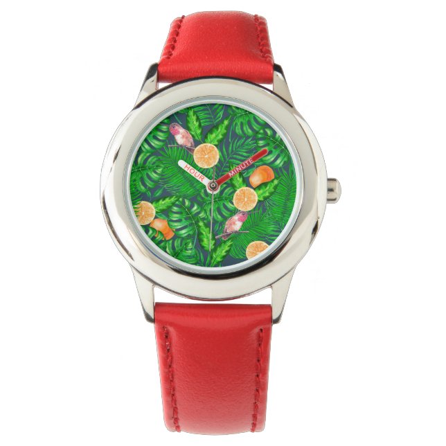 Reloj De Pulsera Patrón tropical, colibríes (Anverso)