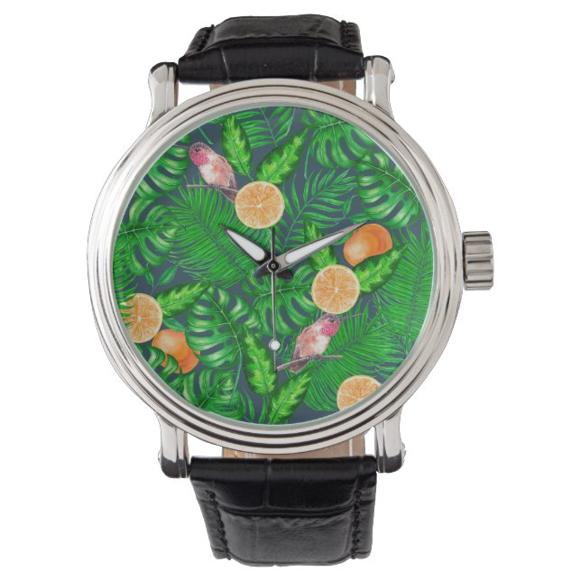 Reloj De Pulsera Patrón tropical, colibríes (Anverso)